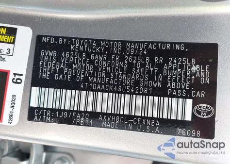 2025 Toyota Camry Le from USA, damaged, VIN 4T1DAACK4SU542081
